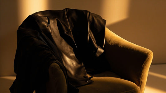 luxurious leather jacket on plush chair in soft golden light, elegant and modern