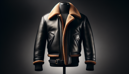 premium shearling leather aviator jacket on mannequin in moody studio lighting