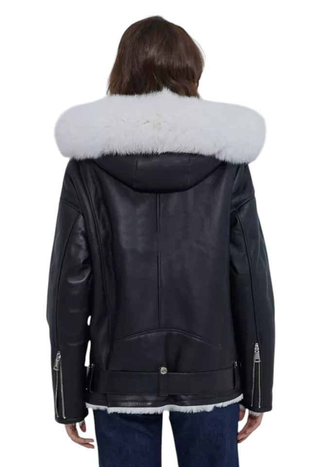 Arctic Grace Women's Black Shearling Jacket with White Fox Fur Hood Luxequir Vogue
