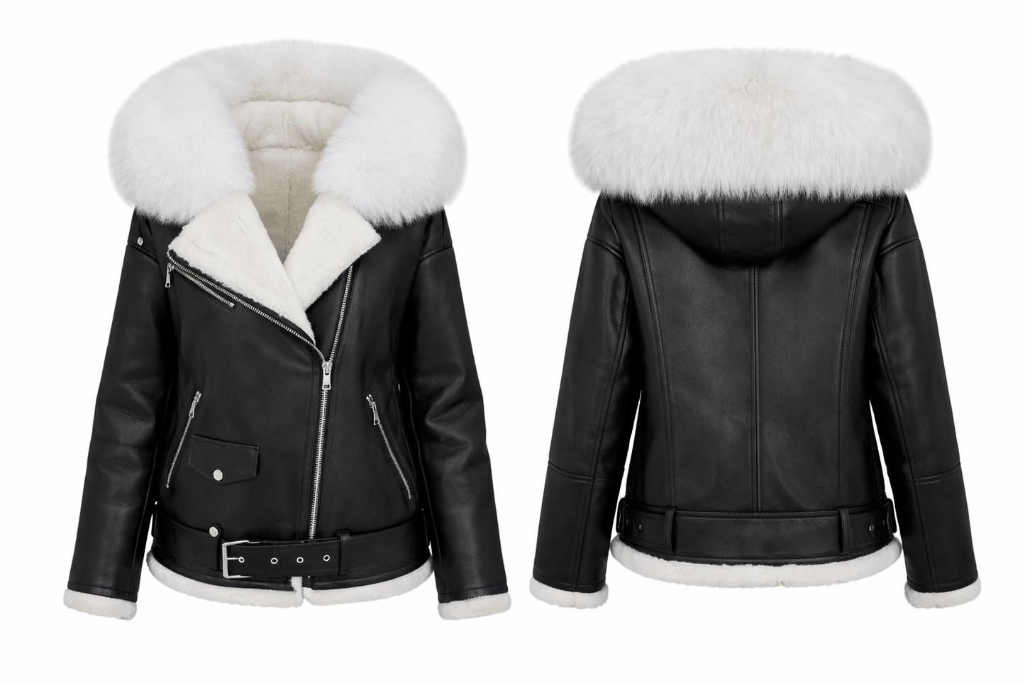 Black leather jacket with white fur lining on a white background
