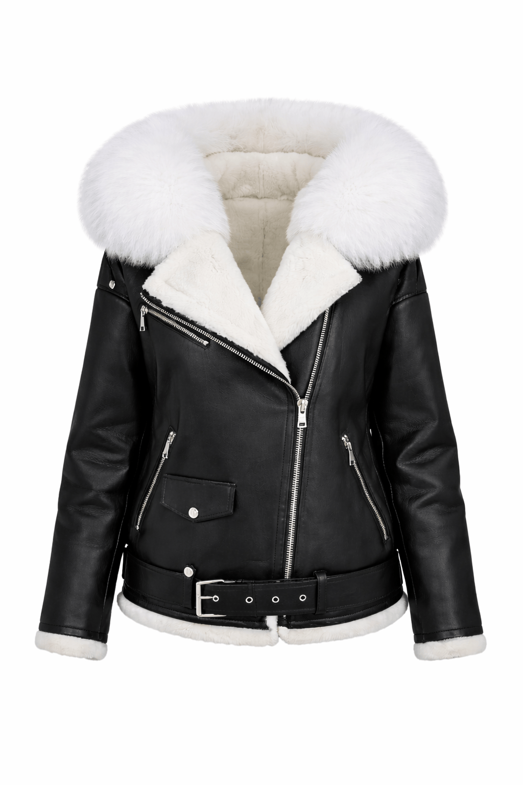 Black leather jacket with white fur lining on a white background