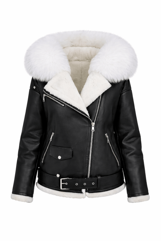 Black leather jacket with white fur lining on a white background