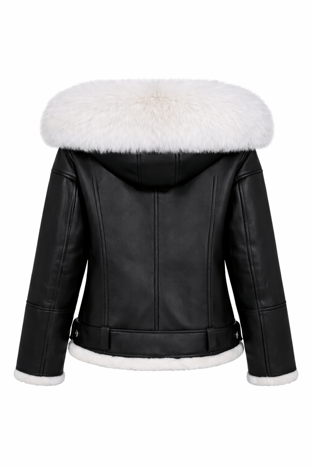 Black leather jacket with white fur hood and trim on a white background