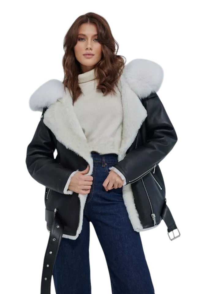 Arctic Grace – Women's Black Shearling Jacket with White Fox Fur Hood Luxequir Vogue