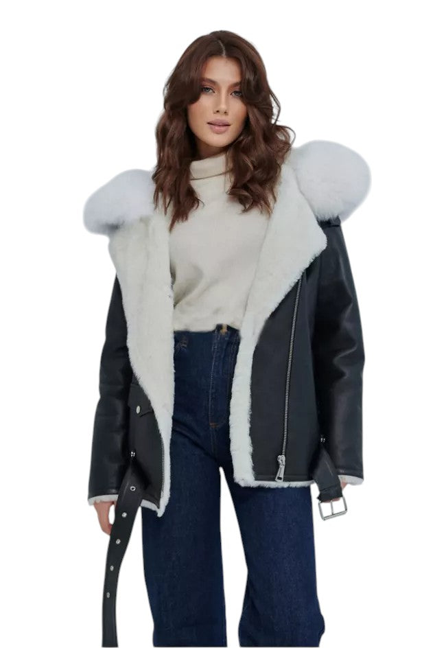 Arctic Grace – Women's Black Shearling Jacket with White Fox Fur Hood Luxequir Vogue
