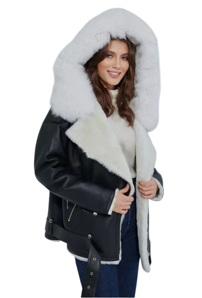 Arctic Grace – Women's Black Shearling Jacket with White Fox Fur Hood Luxequir Vogue