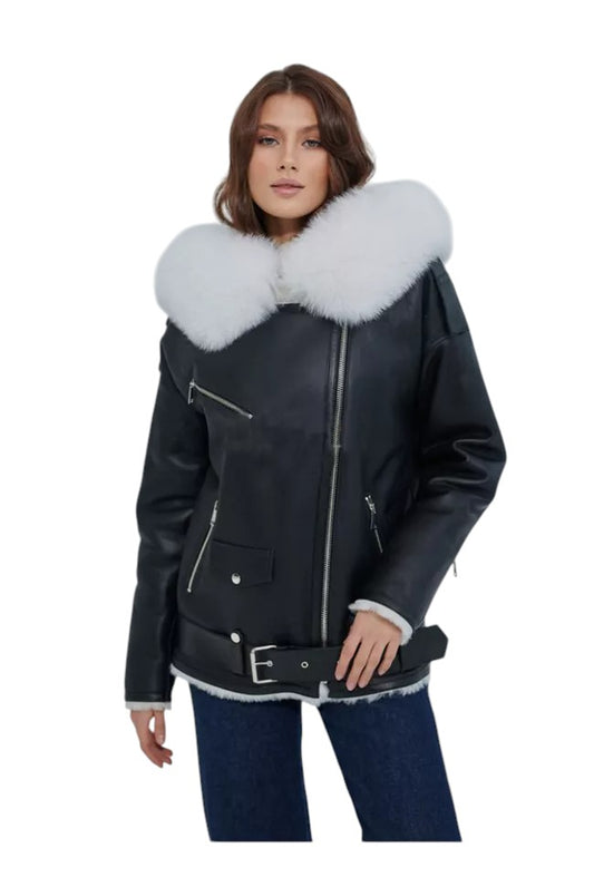 Arctic Grace – Women's Black Shearling Jacket with White Fox Fur Hood
