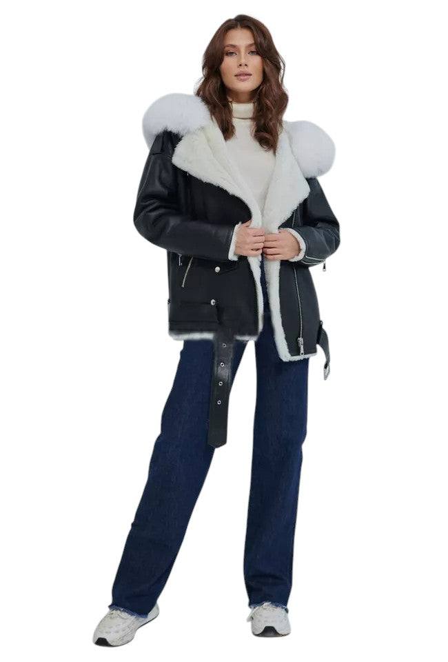 Arctic Grace – Women's Black Shearling Jacket with White Fox Fur Hood Luxequir Vogue