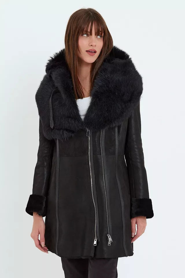 Arctic Noir Women's Black Shearling Coat with Toscana Fur Hood for Ultimate Style and Comfort Luxequir Vogue