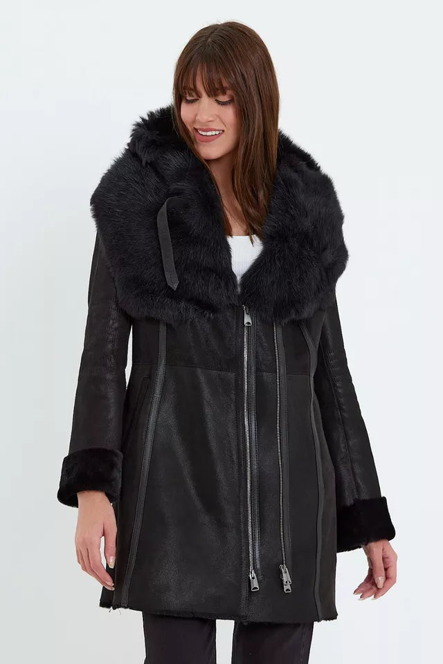 Arctic Noir Women's Black Shearling Coat with Toscana Fur Hood for Ultimate Style and Comfort Luxequir Vogue