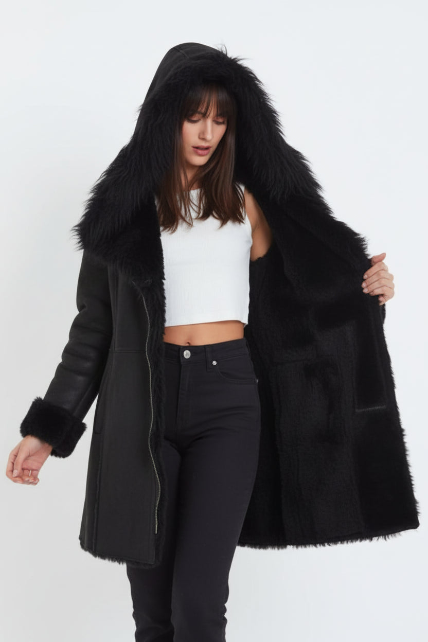Arctic Noir Women's Black Shearling Coat with Toscana Fur Hood for Ultimate Style and Comfort Luxequir Vogue