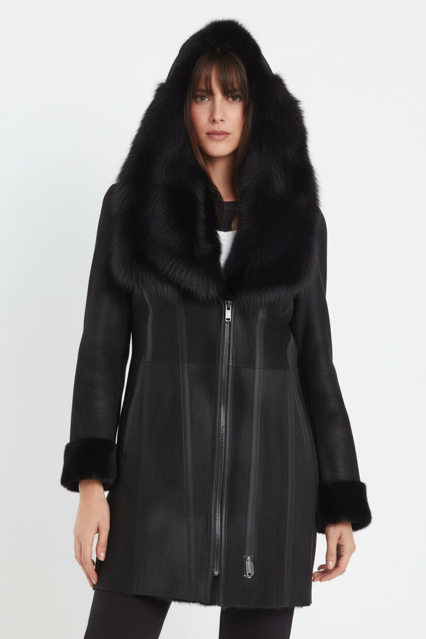 Arctic Noir Women's Black Shearling Coat with Toscana Fur Hood for Ultimate Style and Comfort Luxequir Vogue