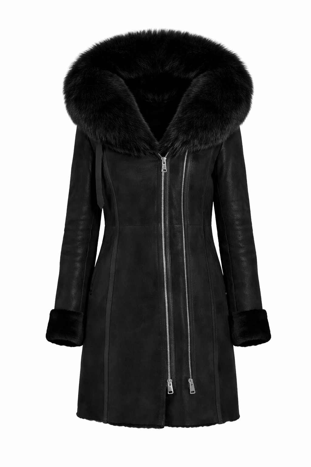 Black leather coat with fur collar on a white background