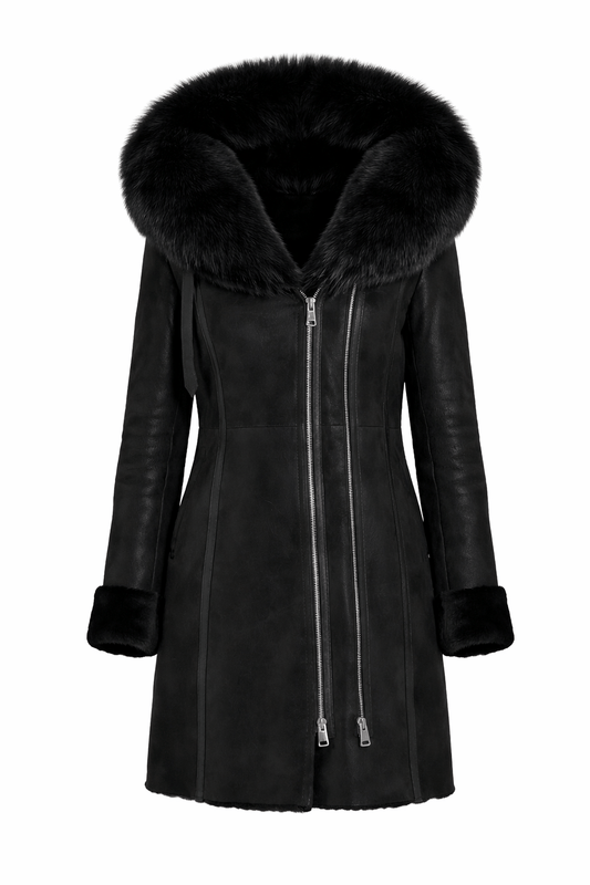 Black leather coat with fur collar on a white background