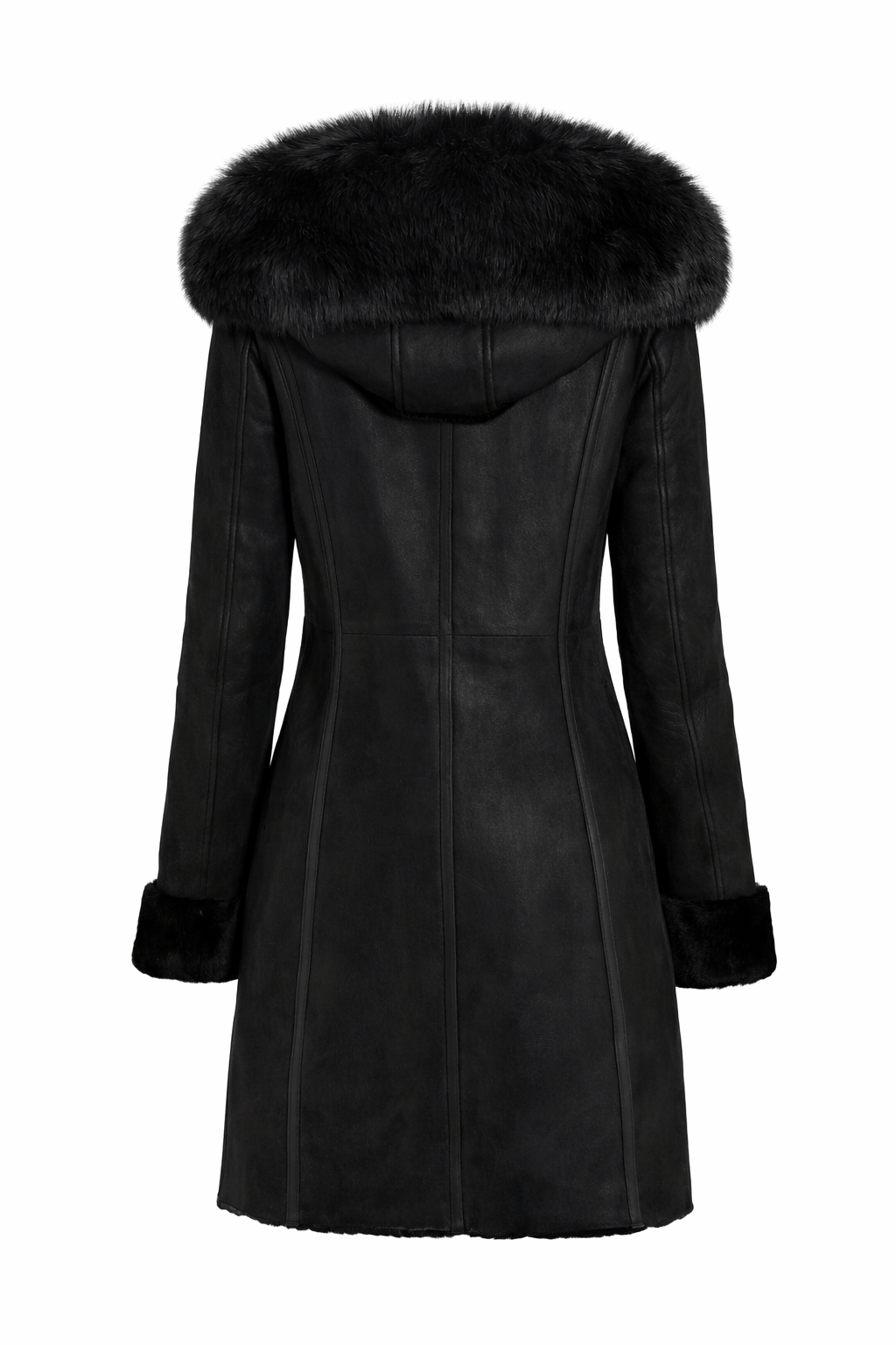 Black leather coat with fur hood on a white background