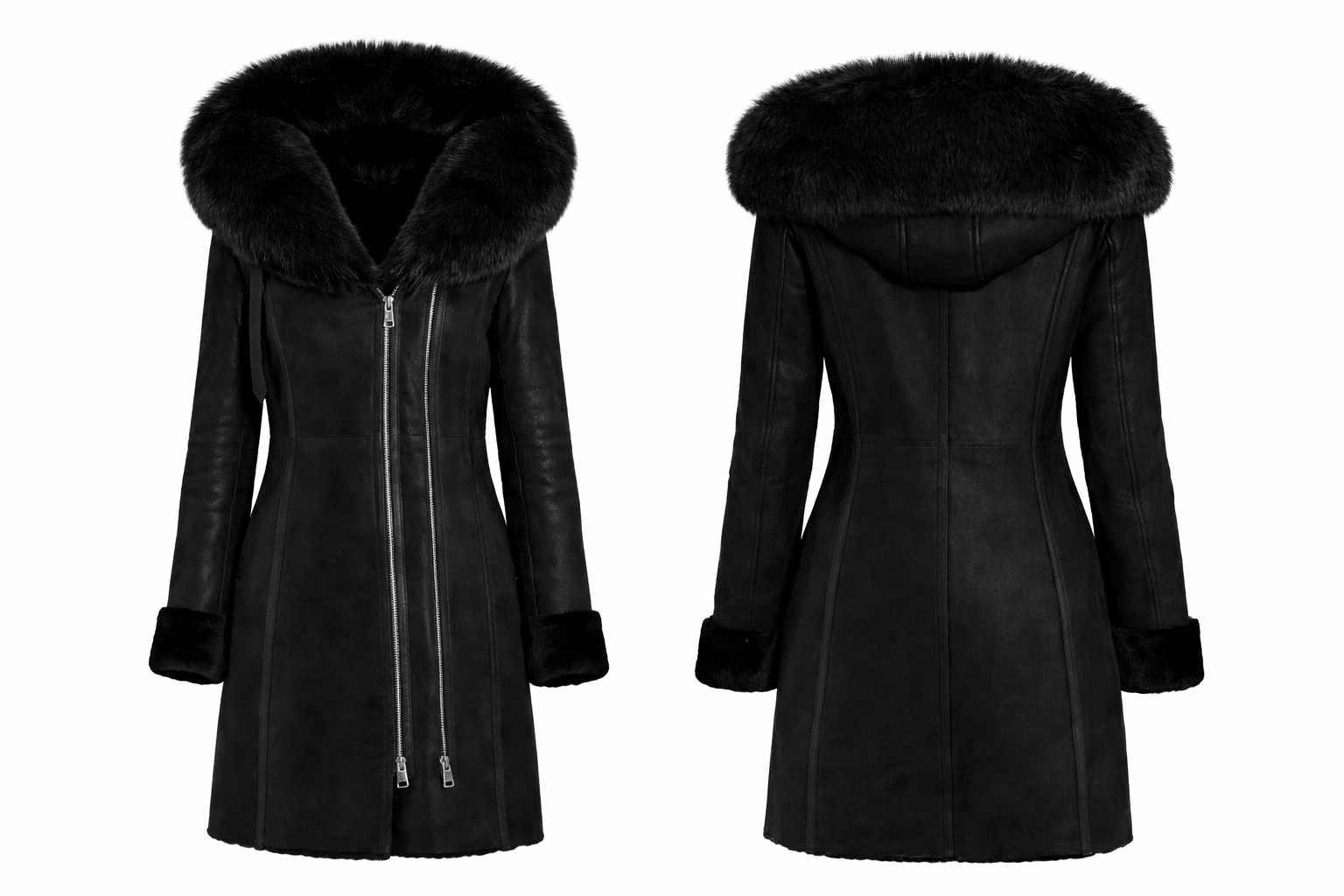 Black coat with fur collar shown from front and back on a white background