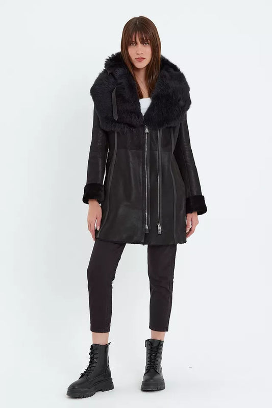 Arctic Noir – Women’s Black Shearling Coat with Toscana Fur Hood