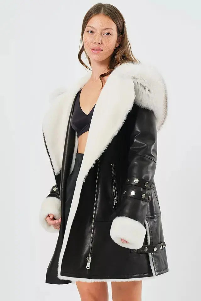 Arctic Rebel – Women’s Luxe Shearling Coat with Fox Fur Hood Luxequir Vogue