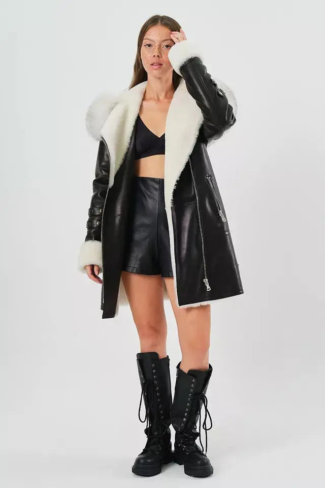 Arctic Rebel – Women’s Luxe Shearling Coat with Fox Fur Hood Luxequir Vogue