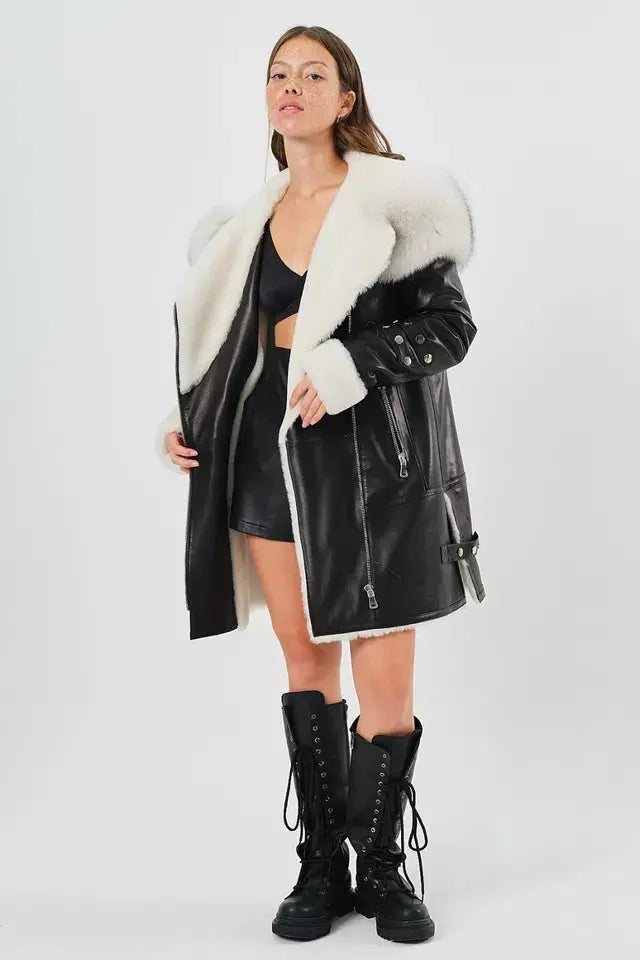 Arctic Rebel – Women’s Luxe Shearling Coat with Fox Fur Hood Luxequir Vogue