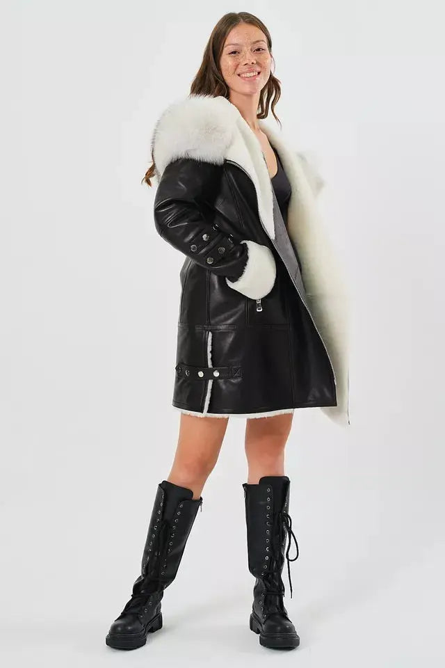 Arctic Rebel – Women’s Luxe Shearling Coat with Fox Fur Hood Luxequir Vogue