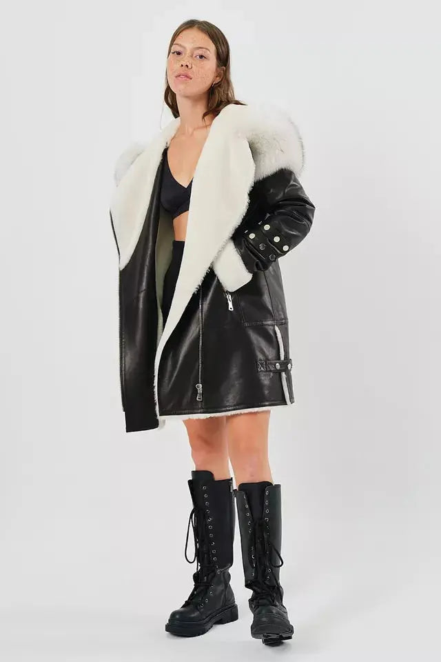 Arctic Rebel – Women’s Luxe Shearling Coat with Fox Fur Hood Luxequir Vogue