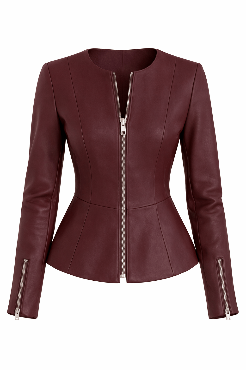 Maroon leather jacket with zipper on a white background