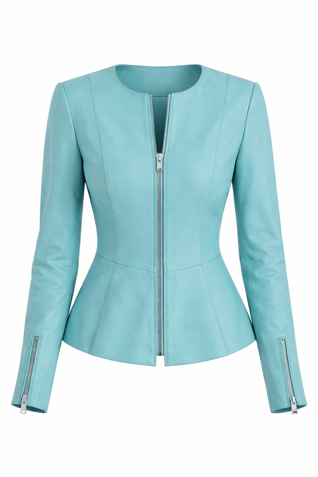 Light blue peplum jacket with zipper on a white background