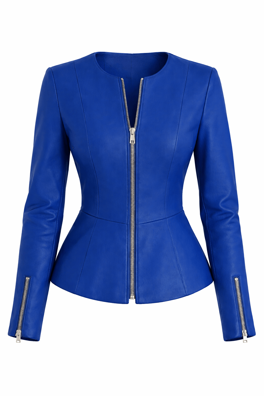 Blue leather jacket with zippers on a white background