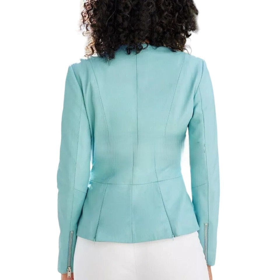 Light blue blazer worn by a person on a white background