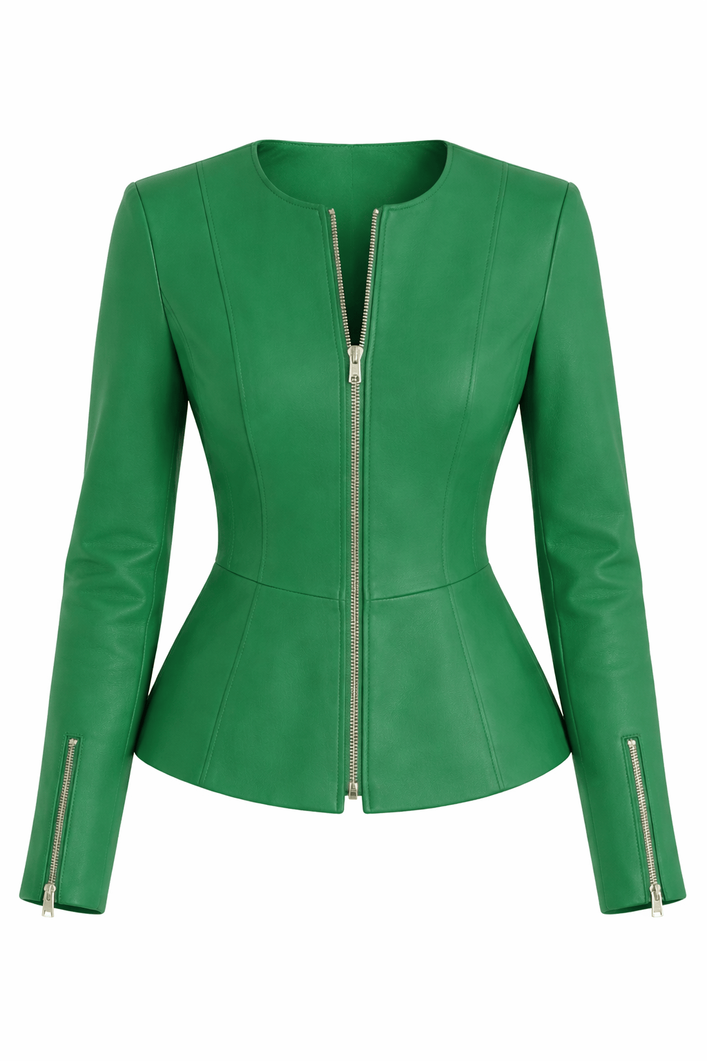 Green leather jacket with silver zippers on a white background