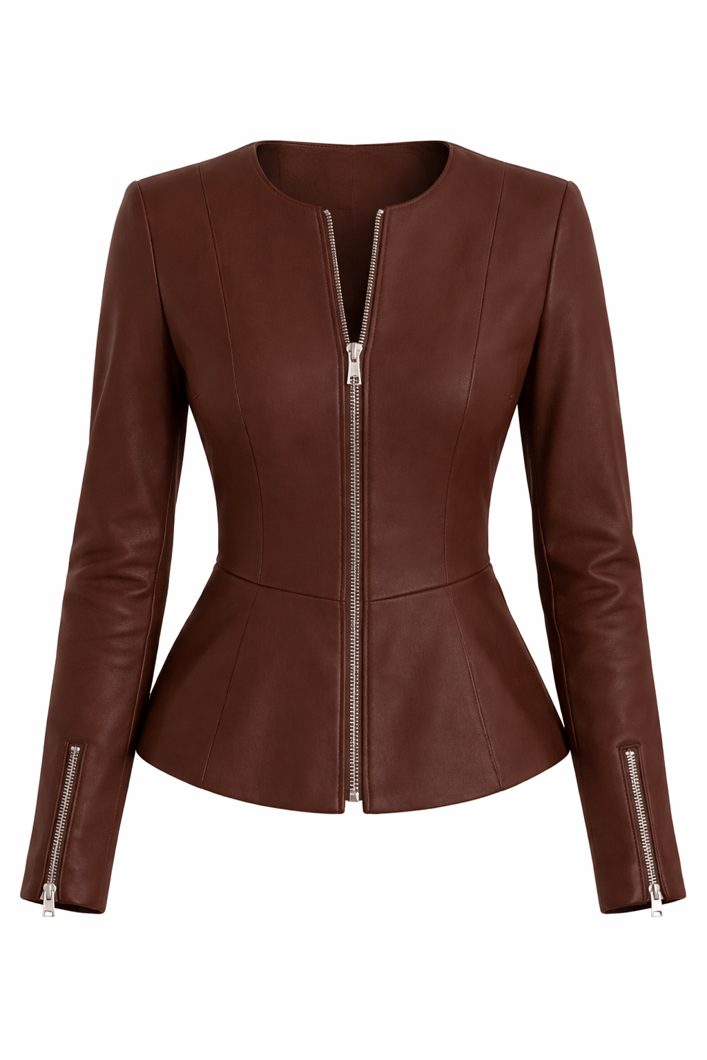 Brown leather jacket with a zipper on a white background