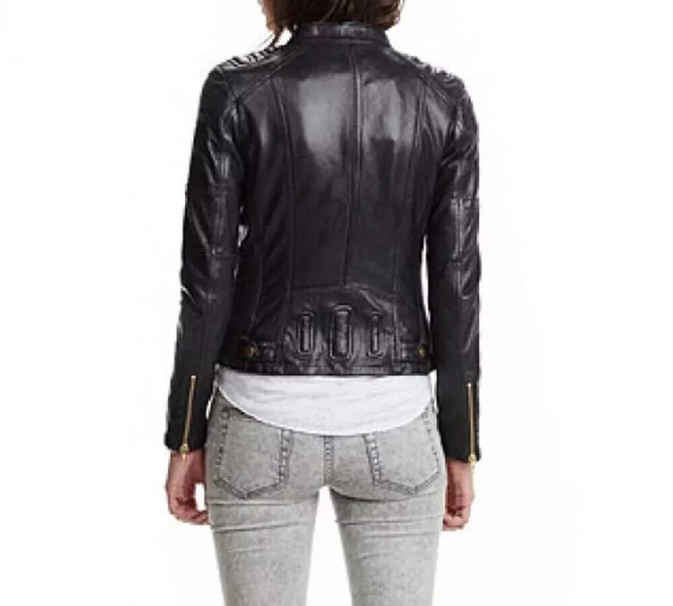 Black Women's Slim Fit Biker Style Real Leather Jacket Luxequir Vogue