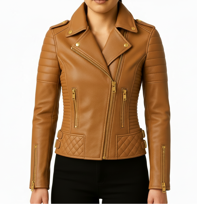 Front view of woman wearing a black quilted lambskin leather biker jacket with gold zippers and structured panels