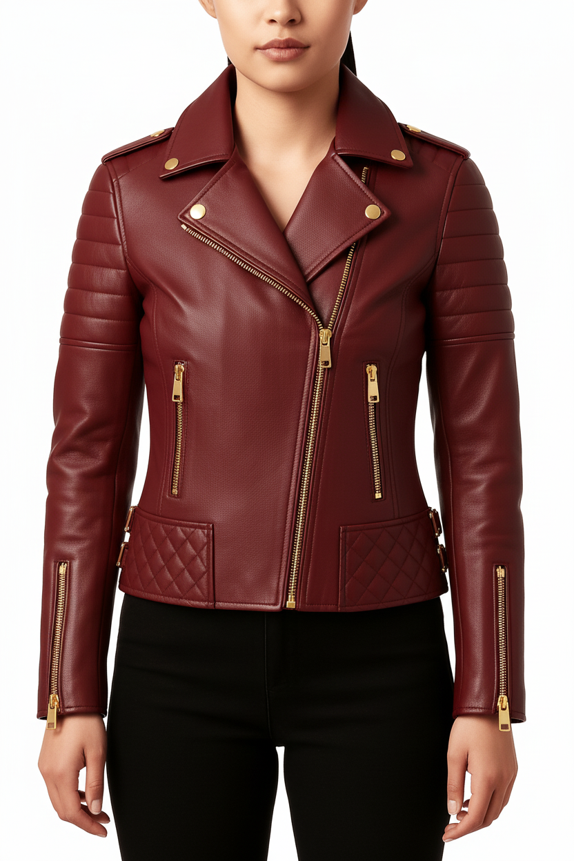 Front view of woman wearing a black quilted lambskin leather biker jacket with gold zippers and structured panels