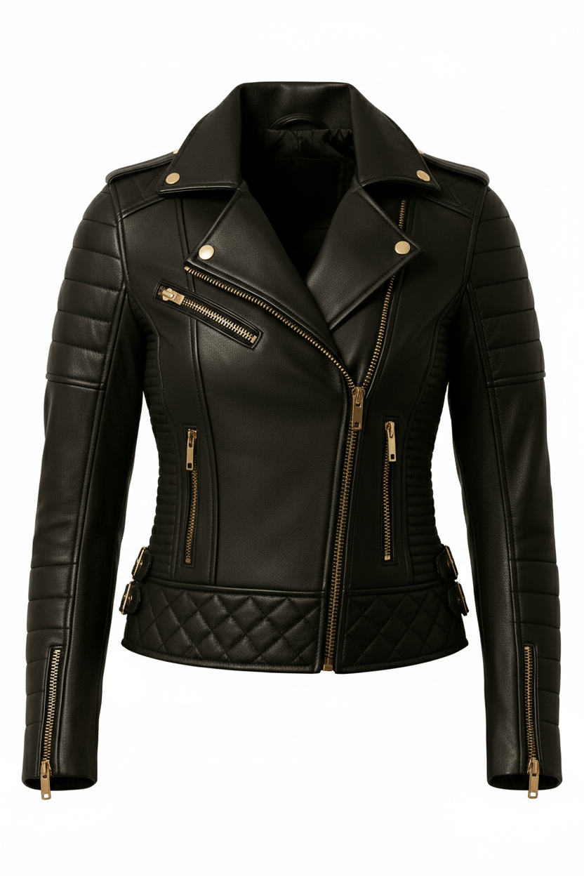 Black leather jacket with gold zippers on a white background