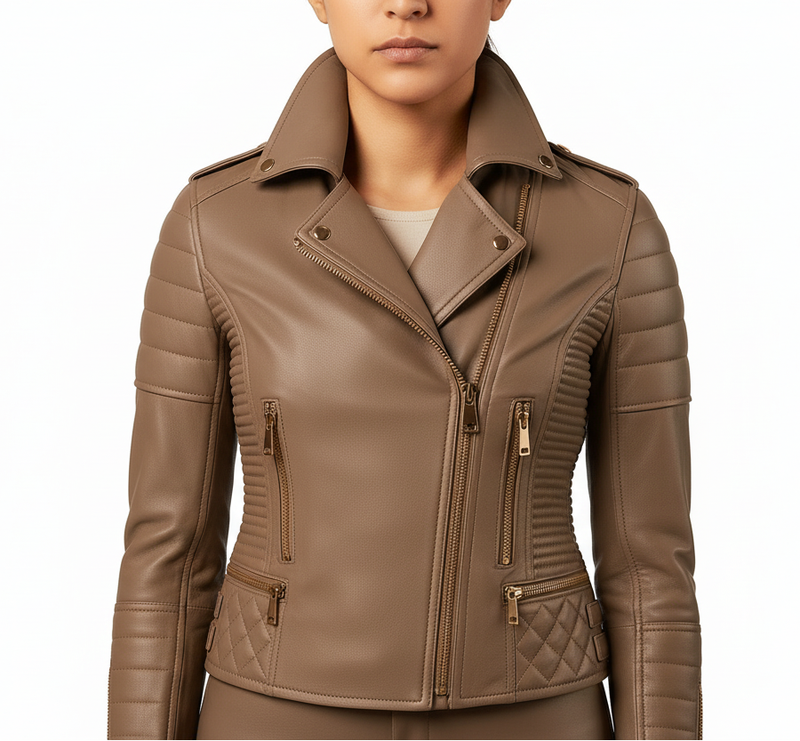 Front view of woman wearing a black quilted lambskin leather biker jacket with gold zippers and structured panels