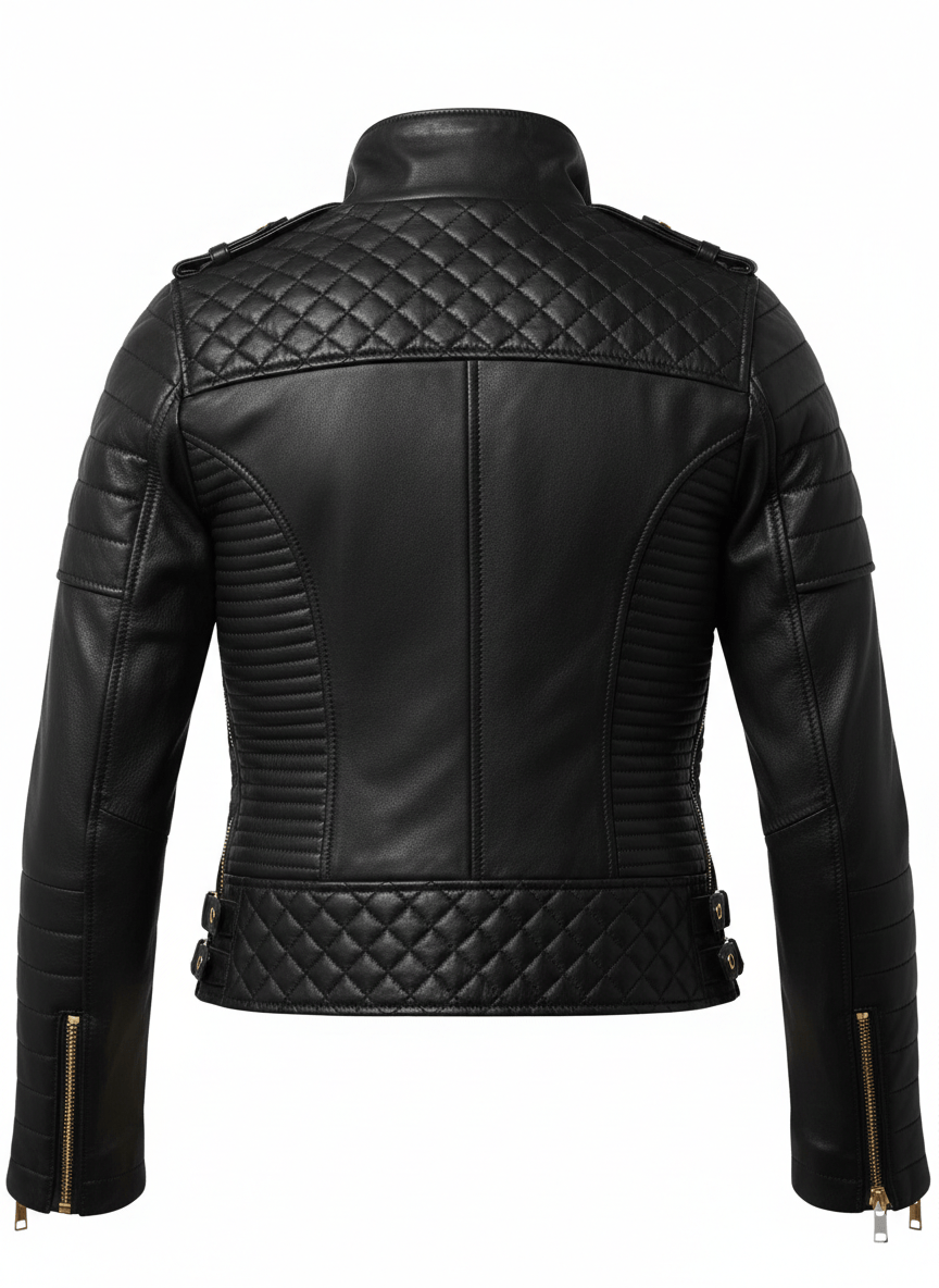 Black leather jacket with quilted design on a white background