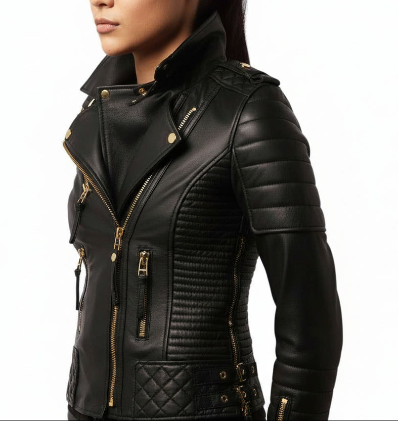 Bullet Luxe – Women's Quilted Leather Moto Jacket with Gold Hardware