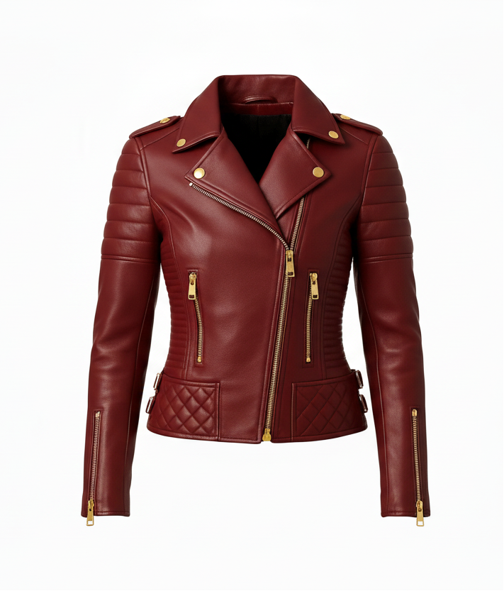Red leather jacket with quilted design on a white background