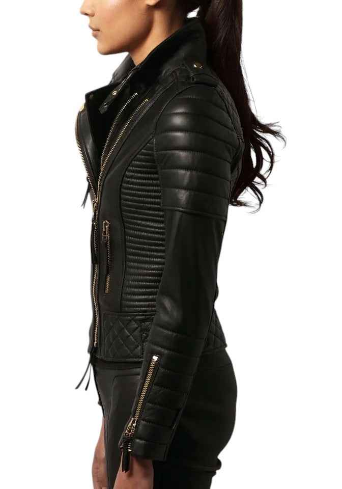 Bullet Luxe – Women's Quilted Leather Moto Jacket with Gold Hardware