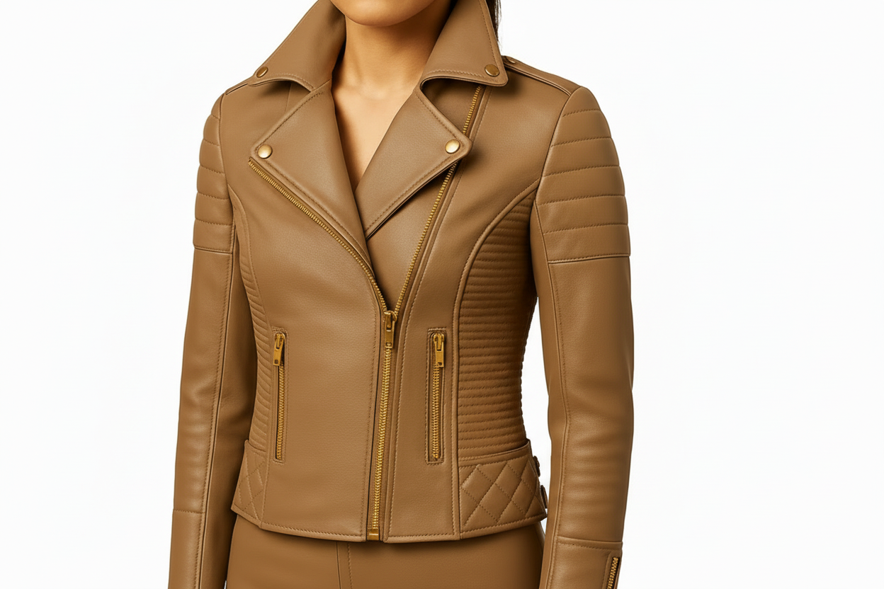 Front view of woman wearing a black quilted lambskin leather biker jacket with gold zippers and structured panels