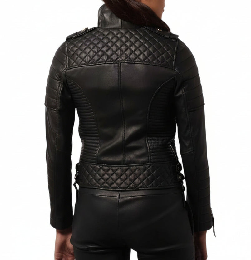 Bullet Luxe – Women's Quilted Leather Moto Jacket with Gold Hardware