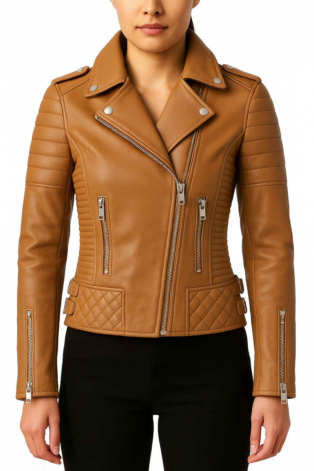 Front view of woman wearing a black quilted lambskin leather biker jacket with gold zippers and structured panels