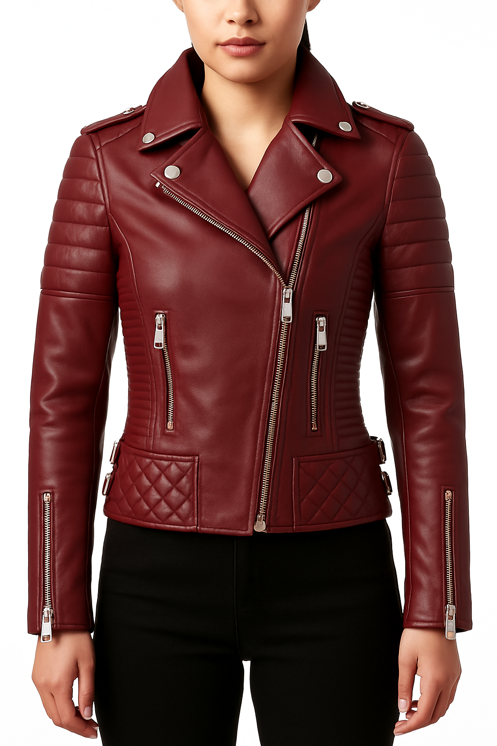 Front view of woman wearing a black quilted lambskin leather biker jacket with gold zippers and structured panels