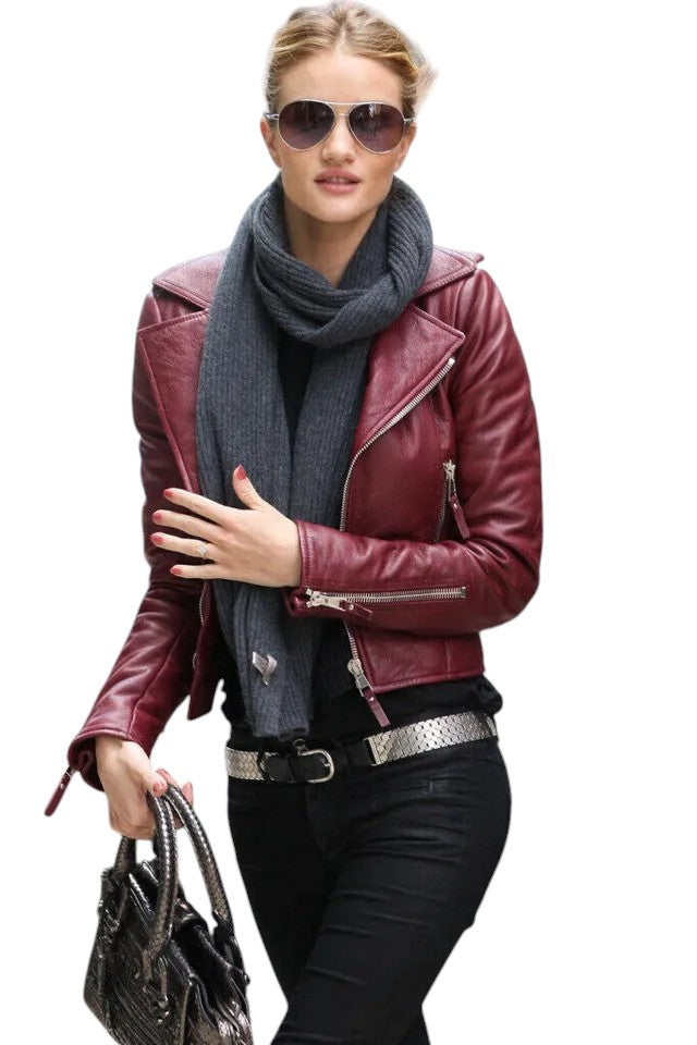 Front view of woman in burgundy lambskin leather moto jacket with scarf and sunglasses