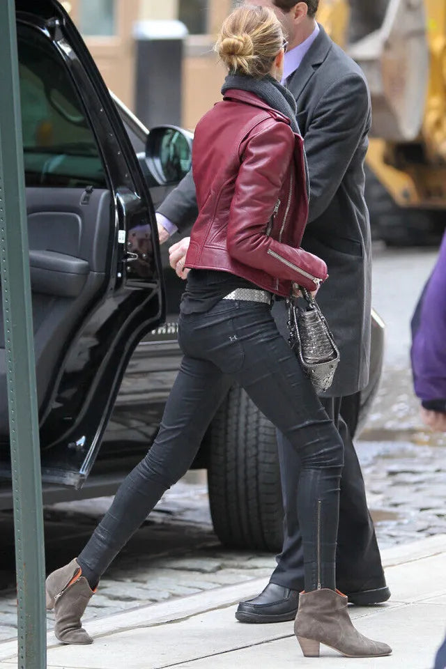 Streetwear look featuring real leather biker jacket in deep burgundy

