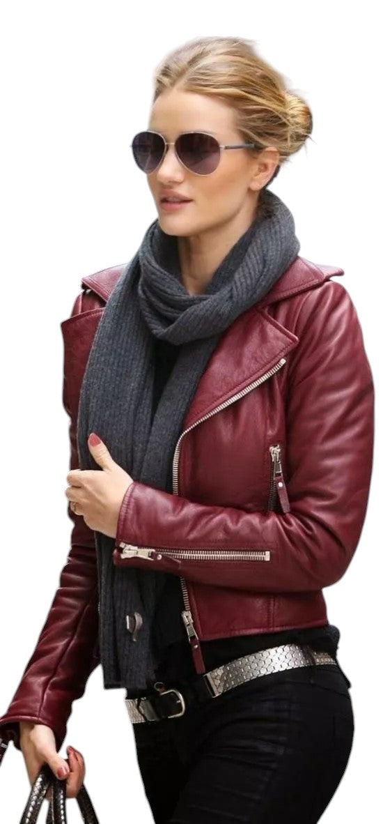 Front view of woman in burgundy lambskin leather moto jacket with scarf and sunglasses