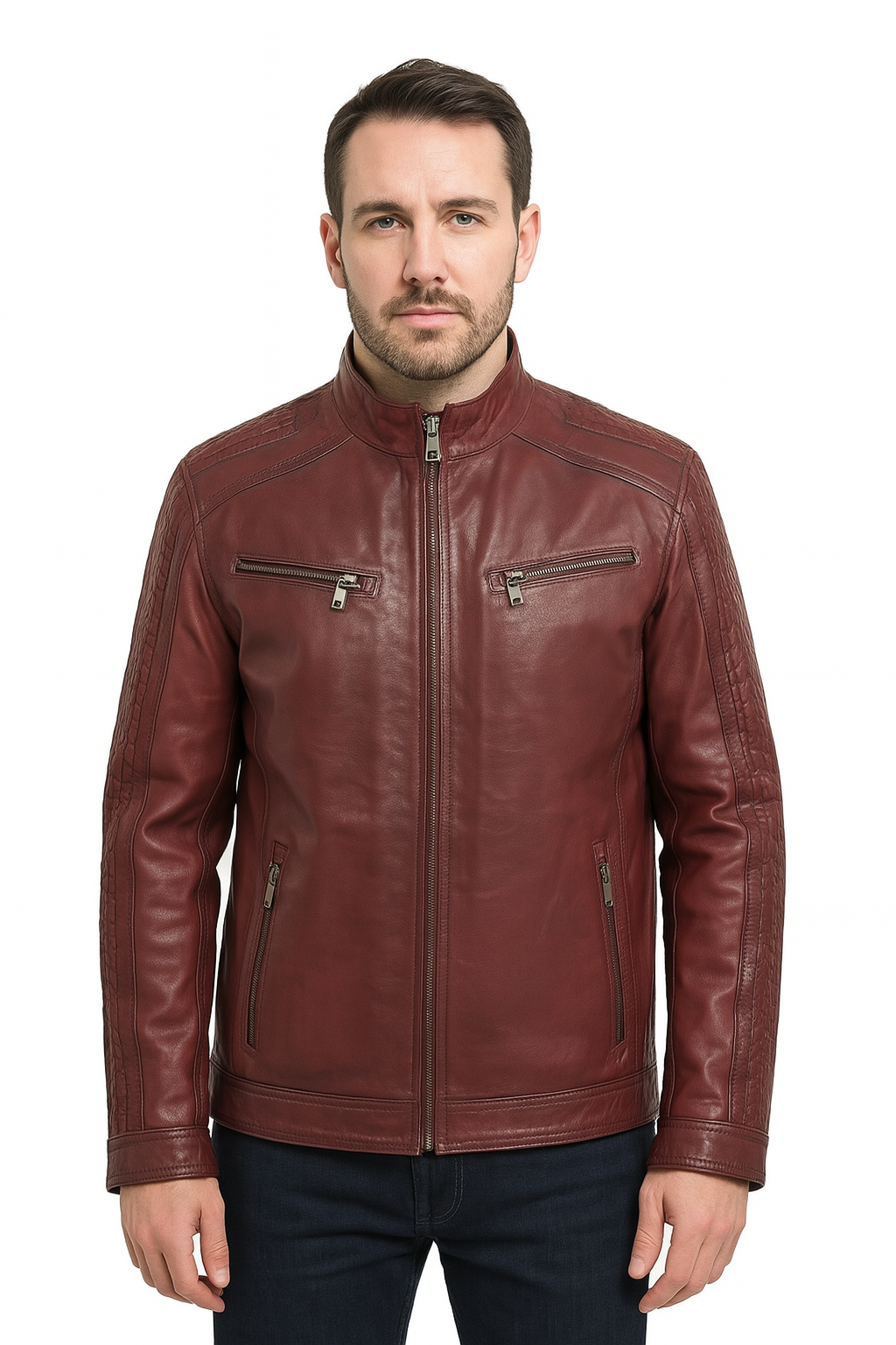Crimson Grid – Men’s Maroon Textured Biker Leather Jacket Luxequir Vogue