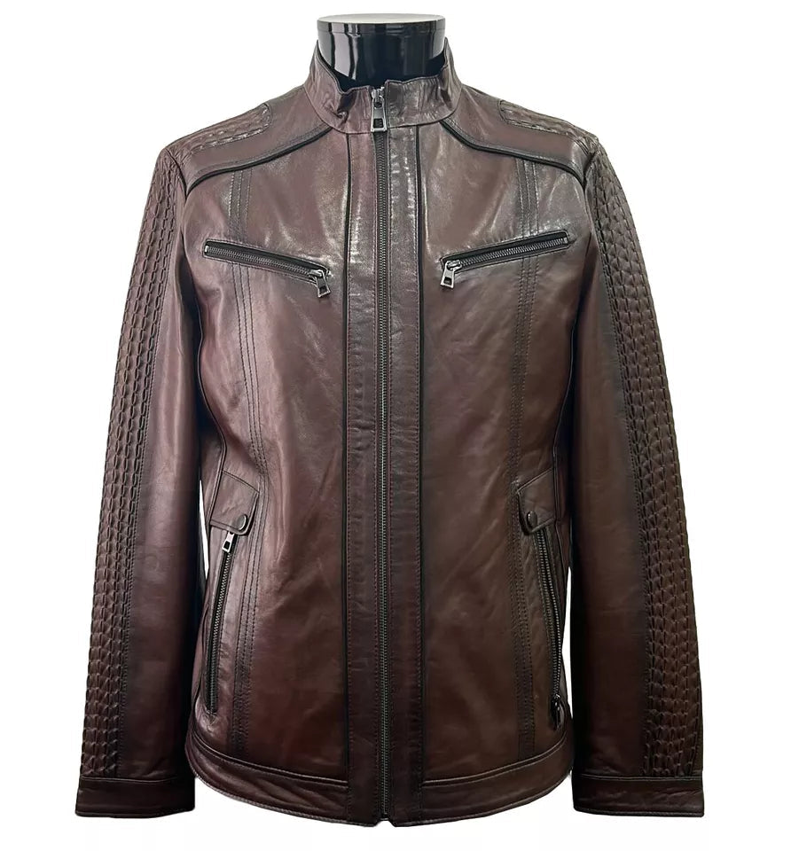 Crimson Grid – Men’s Maroon Textured Biker Leather Jacket Luxequir Vogue